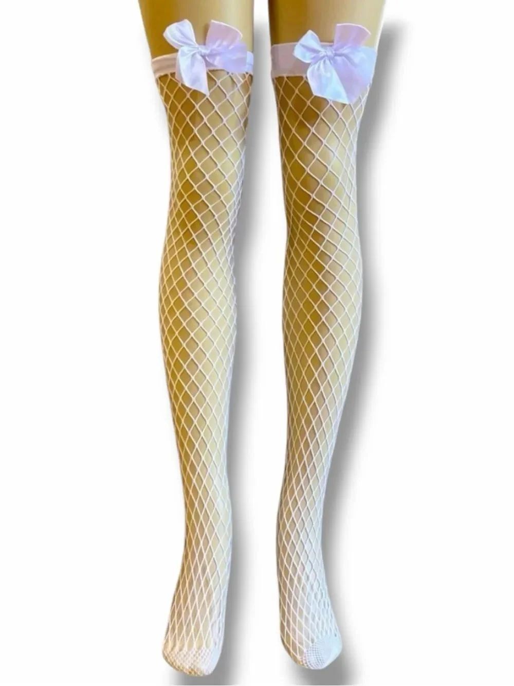 White Fishnet Thigh High Stockings Satin Bow Top Over Knee Tights  NWT